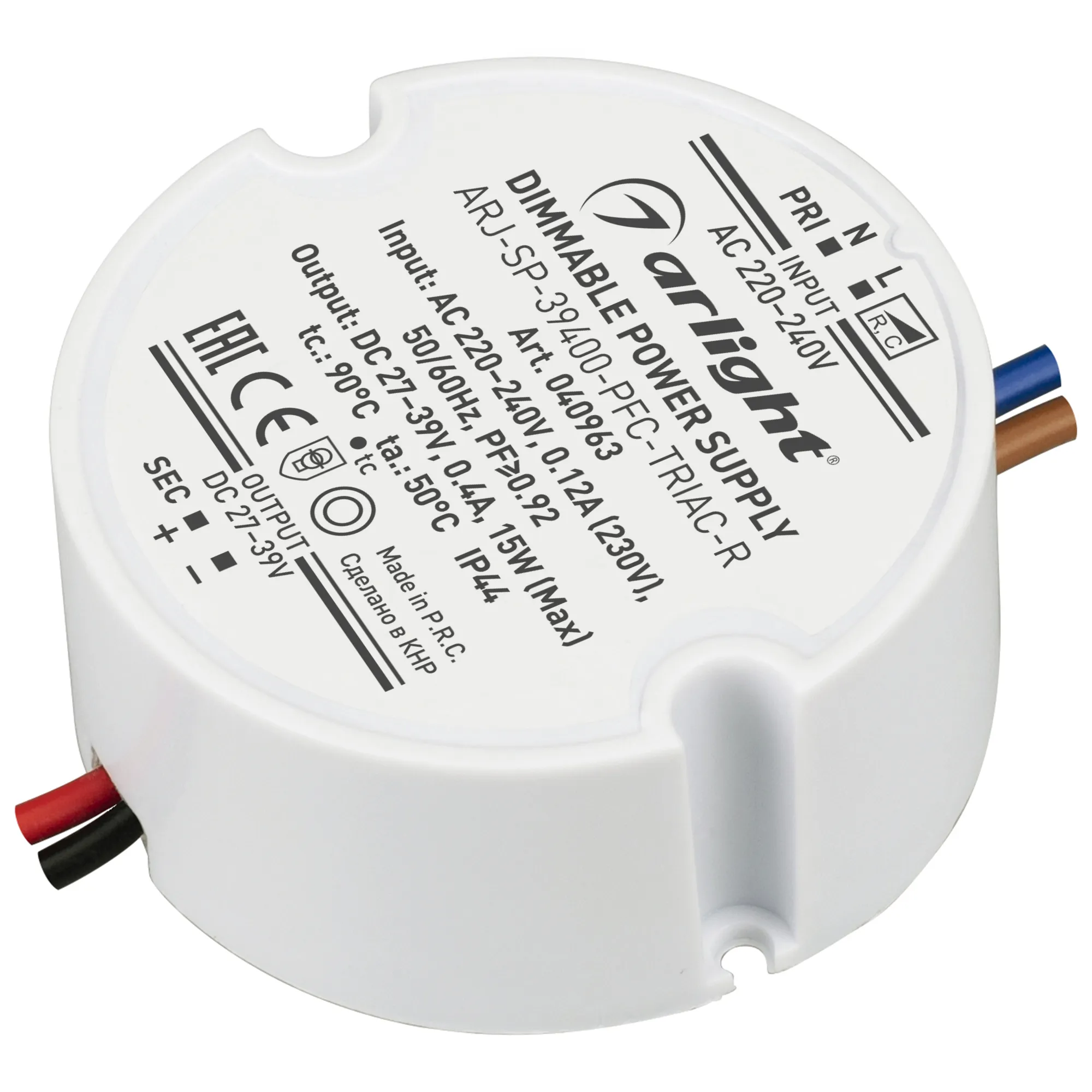 Блок питания ARJ-SP-39400-PFC-TRIAC-R (15W, 27-39V, 400mA) (Arlight, IP44 Пластик, 5 лет) - изображение товара