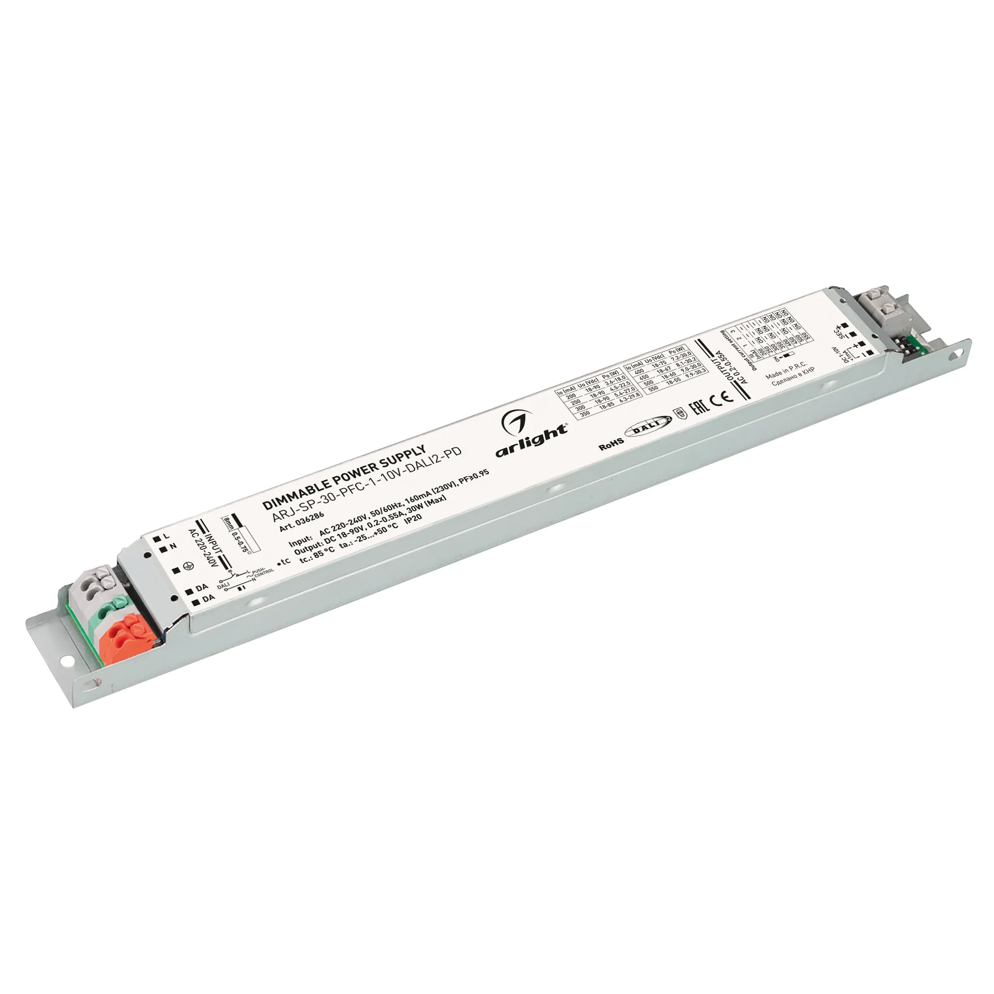 Блок питания ARJ-SP-30-PFC-1-10V-DALI2-PD (30W, 18-90V, 0.2-0.55A) (Arlight, IP20 Металл, 5 лет) - изображение товара