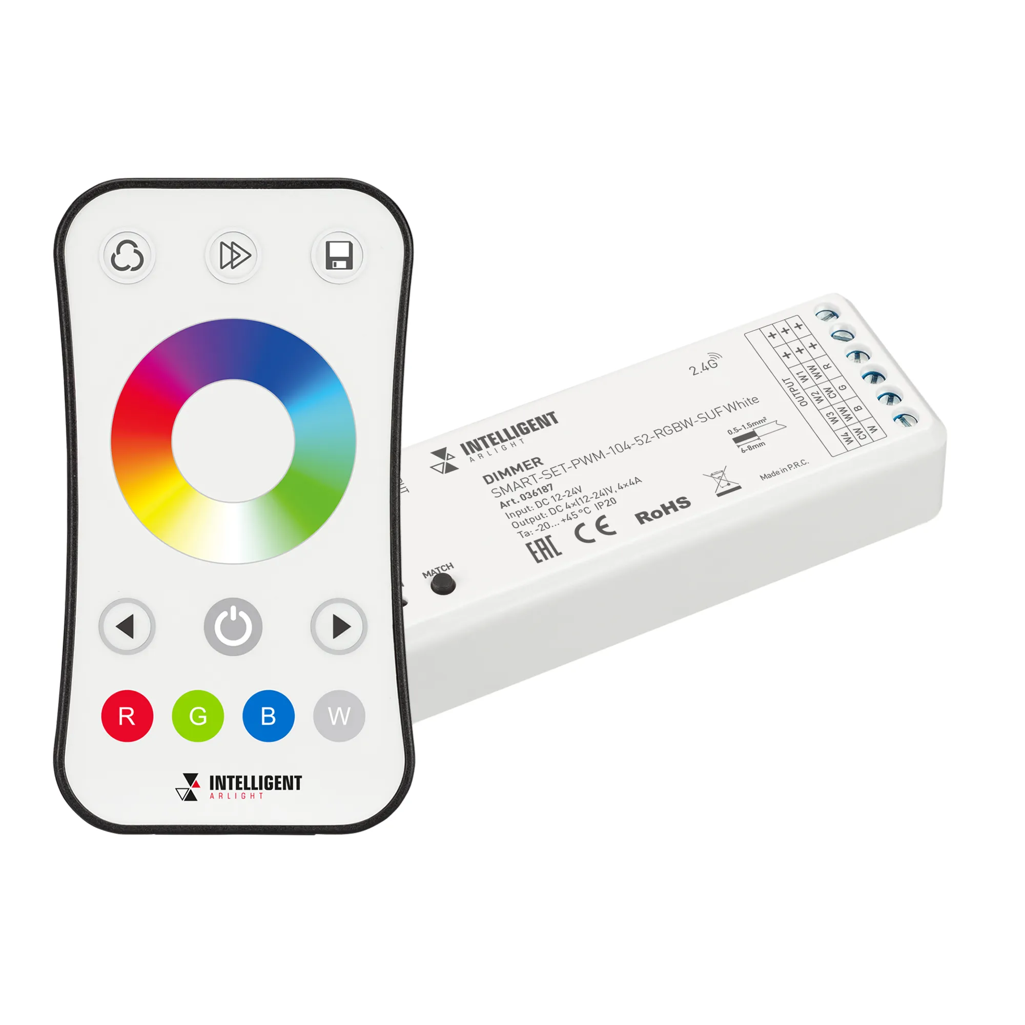 INTELLIGENT ARLIGHT Диммер SMART-SET-PWM-104-52-RGBW-SUF White (12-24V, 4x4A, ПДУ RING 10кн, 2.4G) (IARL, IP20 Пластик, 5 лет) - изображение товара