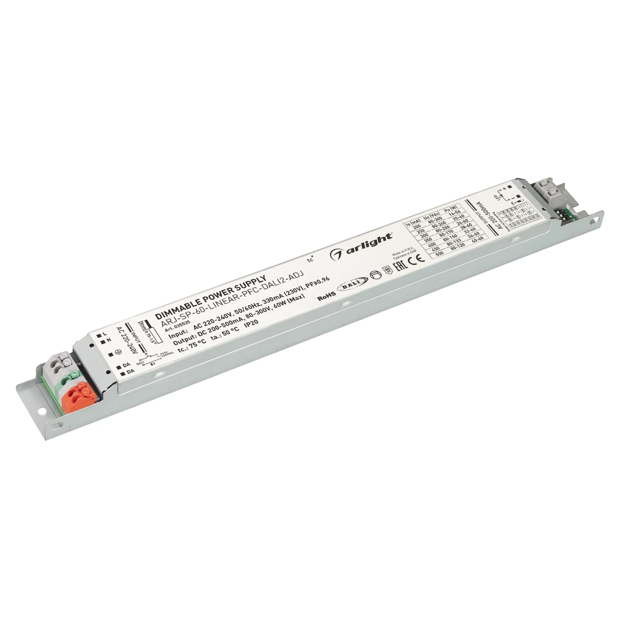 Блок питания ARJ-SP-60-LINEAR-PFC-DALI2-ADJ (60W, 80-300V, 0.2-0.5A) (Arlight, IP20 Металл, 5 лет) - изображение товара