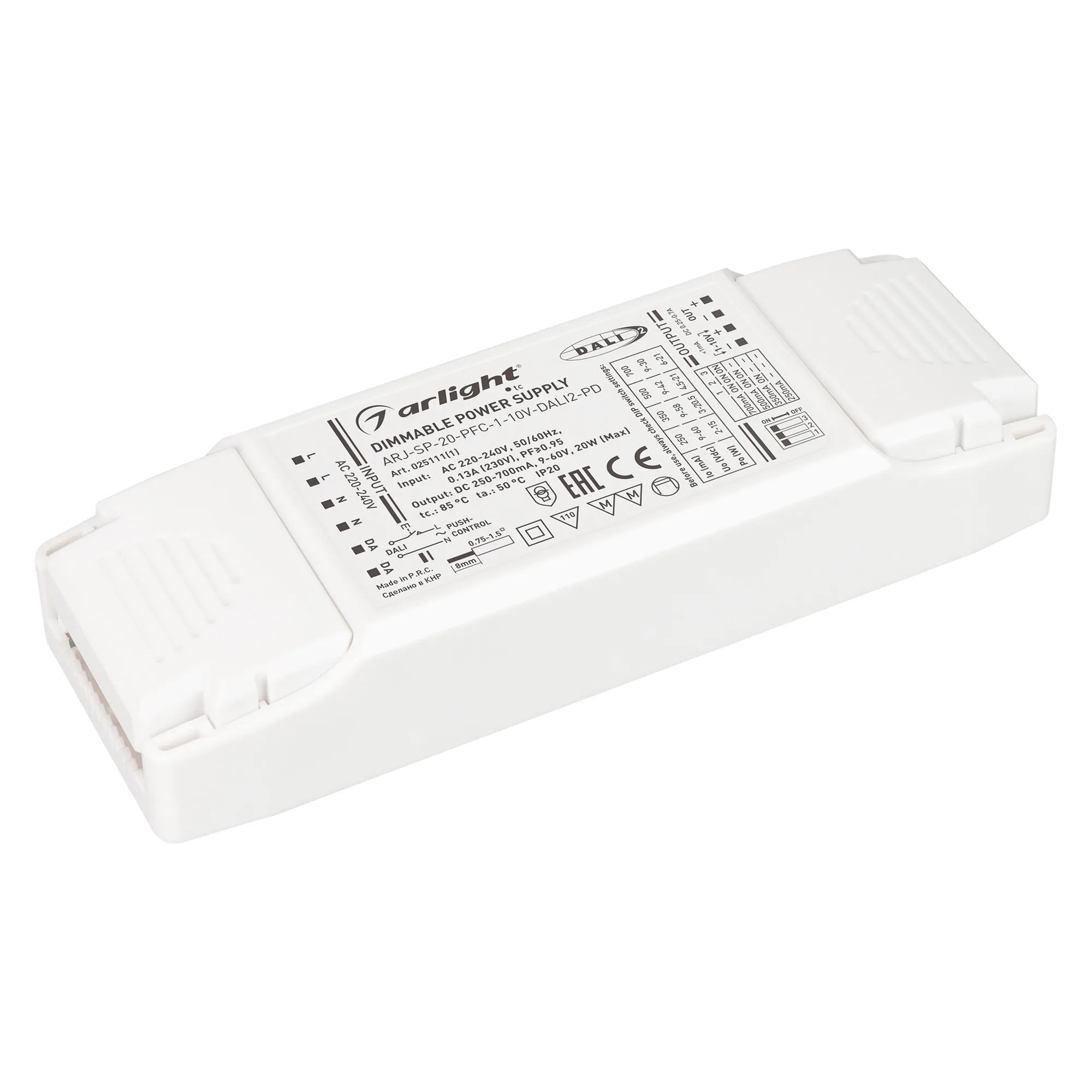 Блок питания ARJ-SP-20-PFC-1-10V-DALI2-PD (20W, 250-700mA) (Arlight, IP20 Пластик, 5 лет) - изображение товара