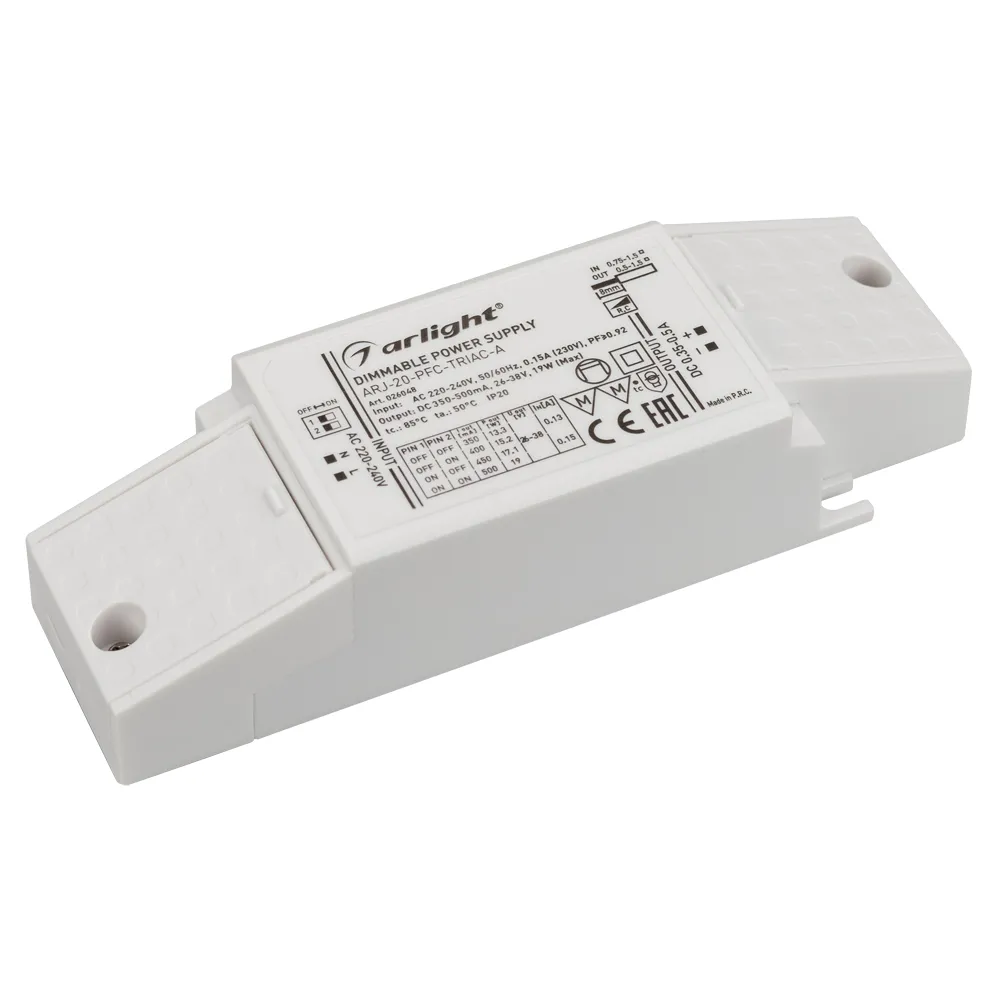 Блок питания ARJ-20-PFC-TRIAC-A (20W, 350-500mA) (Arlight, IP20 Пластик, 5 лет) - изображение товара